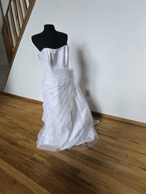 David's Bridal Strapless White Wedding Gown with Draped Organza A-Line